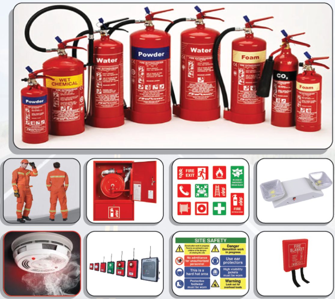 Fire safety equipment including extinguishers, hose cabinets, alarms and safety signs