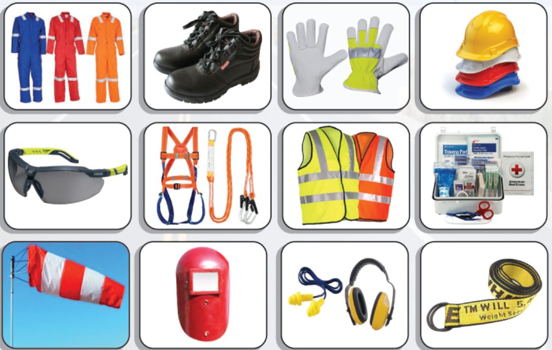 PPE including coveralls, safety shoes, gloves, helmets, harnesses and ear protection