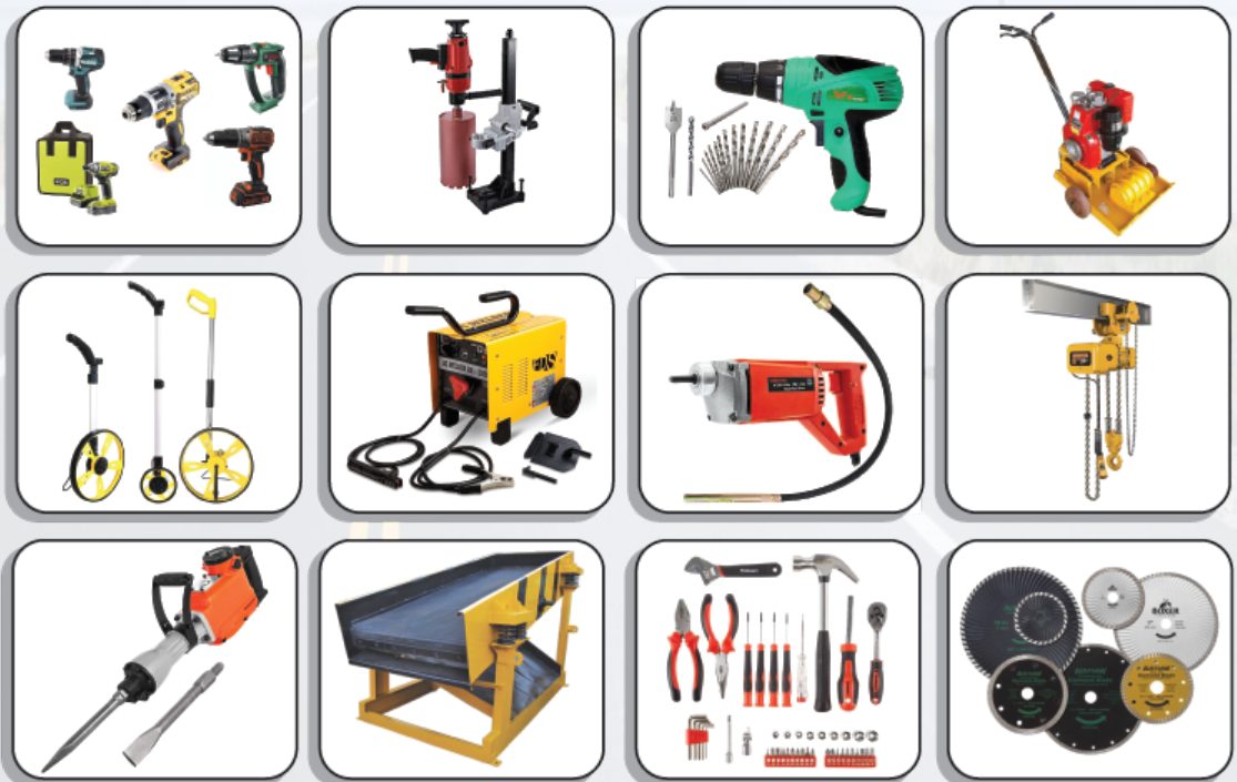 Tools including cordless drills, core cutters, plate compactors, hoists and hand tools
